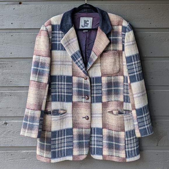 Vintage Jackets & Blazers - VTG 80s JLC Patchwork Wool Plaid Blazer Lined Chore Coat Size XL